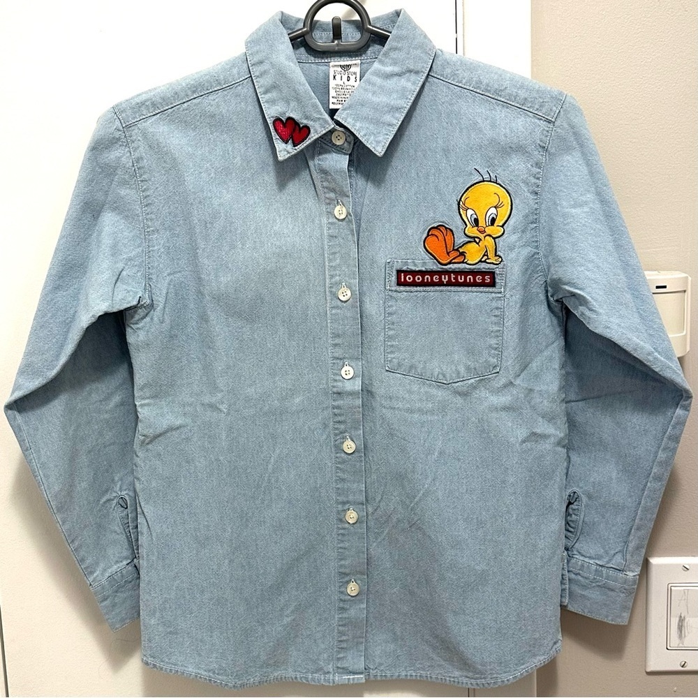 Vintage 1997 Looney Tunes Warner Bros Store Kids L Denim Shirt Tweety Bird Rare